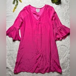 La Roque 100% Silk V-Neck Flutter Sleeve Park Dress in Hot Pink Womens OS